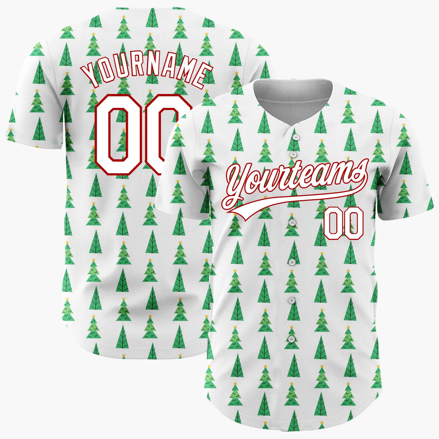 Custom White Green Yellow Christmas Trees Minimal Holiday Pattern Christmas Baseball Jersey
