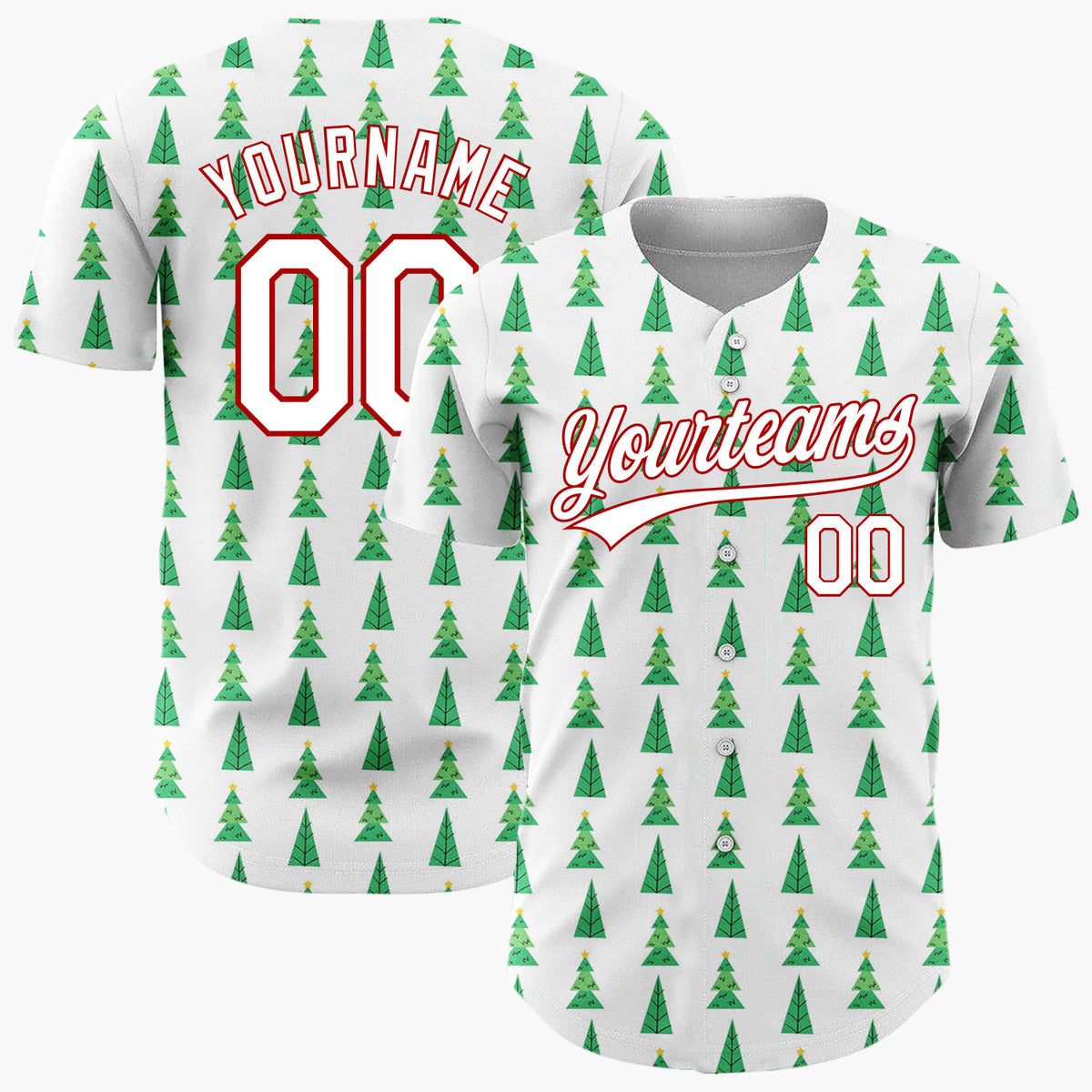 Custom White Green Yellow Christmas Trees Minimal Holiday Pattern Christmas Baseball Jersey
