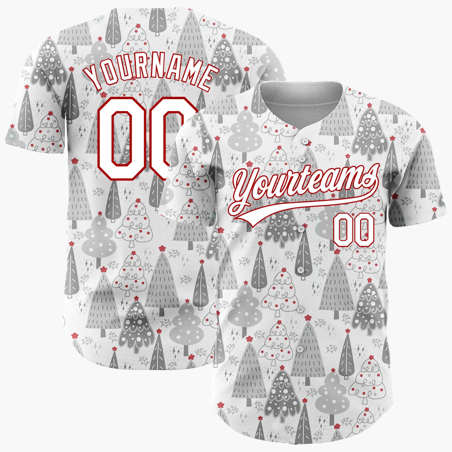 Custom White Grey Black Christmas Trees Hand Drawn Winter Pattern Christmas Baseball Jersey