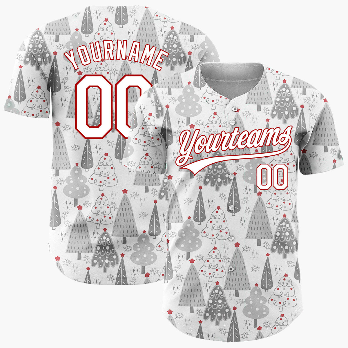 Custom White Grey Black Christmas Trees Hand Drawn Winter Pattern Christmas Baseball Jersey