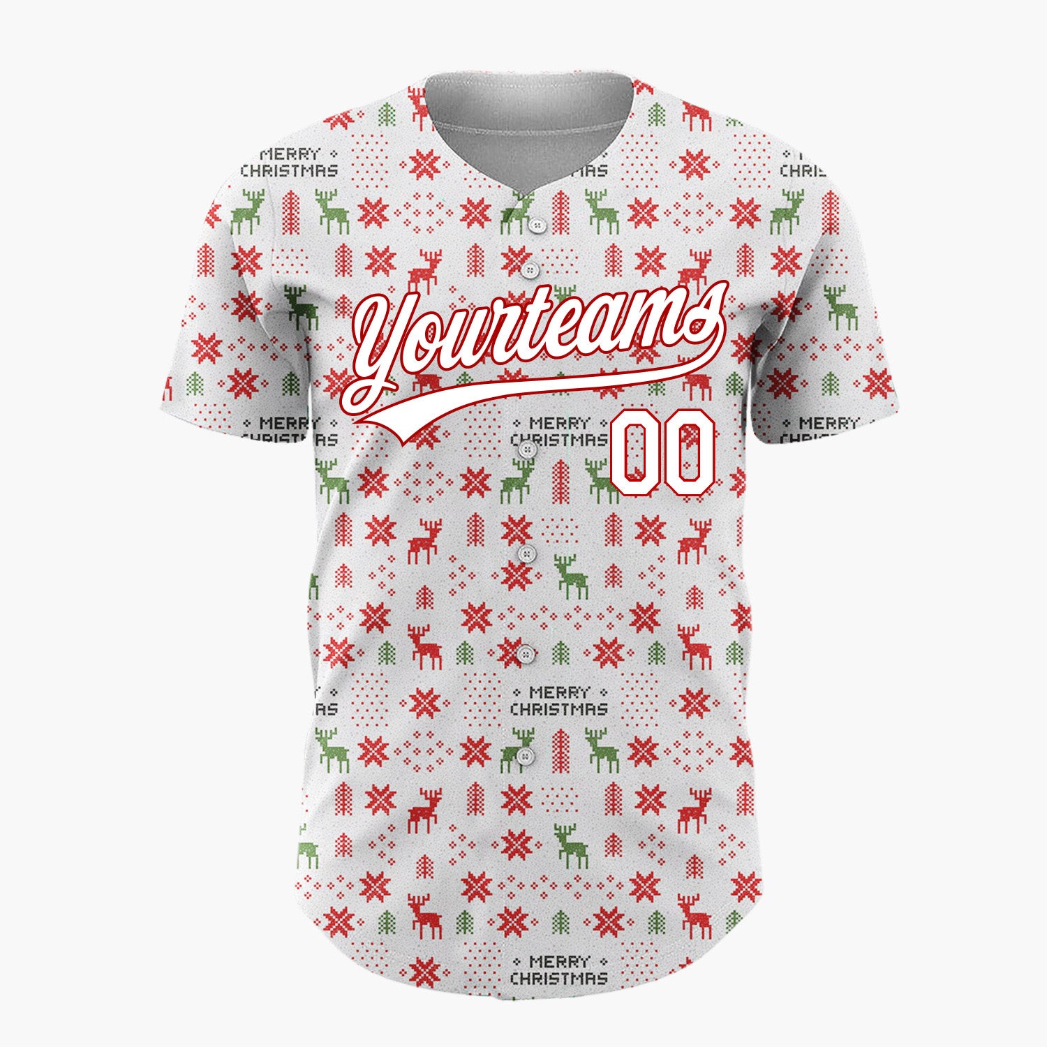 Custom White Red Green Reindeer Trees And Snowflakes Nordic Fair Isle Christmas Baseball Jersey