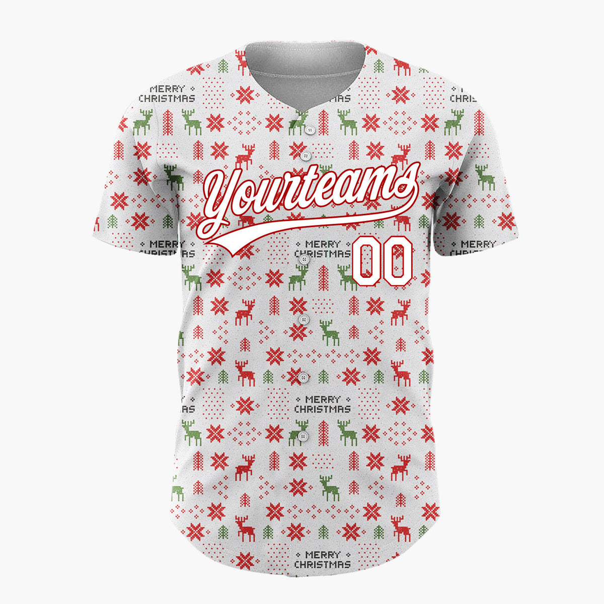 Custom White Red Green Reindeer Trees And Snowflakes Nordic Fair Isle Christmas Baseball Jersey