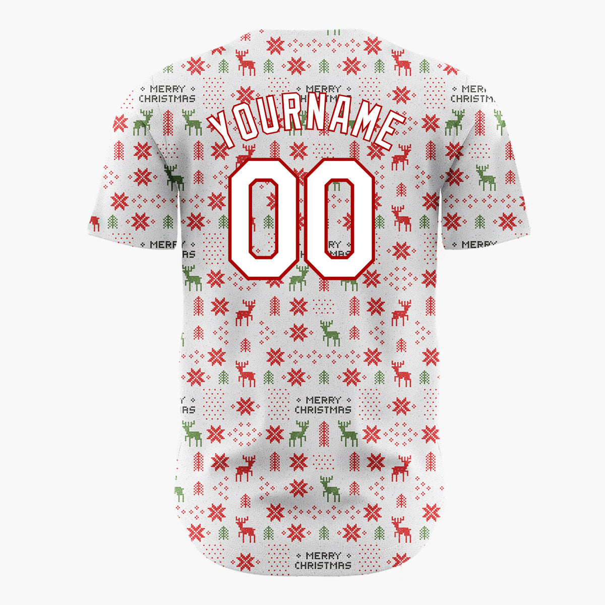Custom White Red Green Reindeer Trees And Snowflakes Nordic Fair Isle Christmas Baseball Jersey