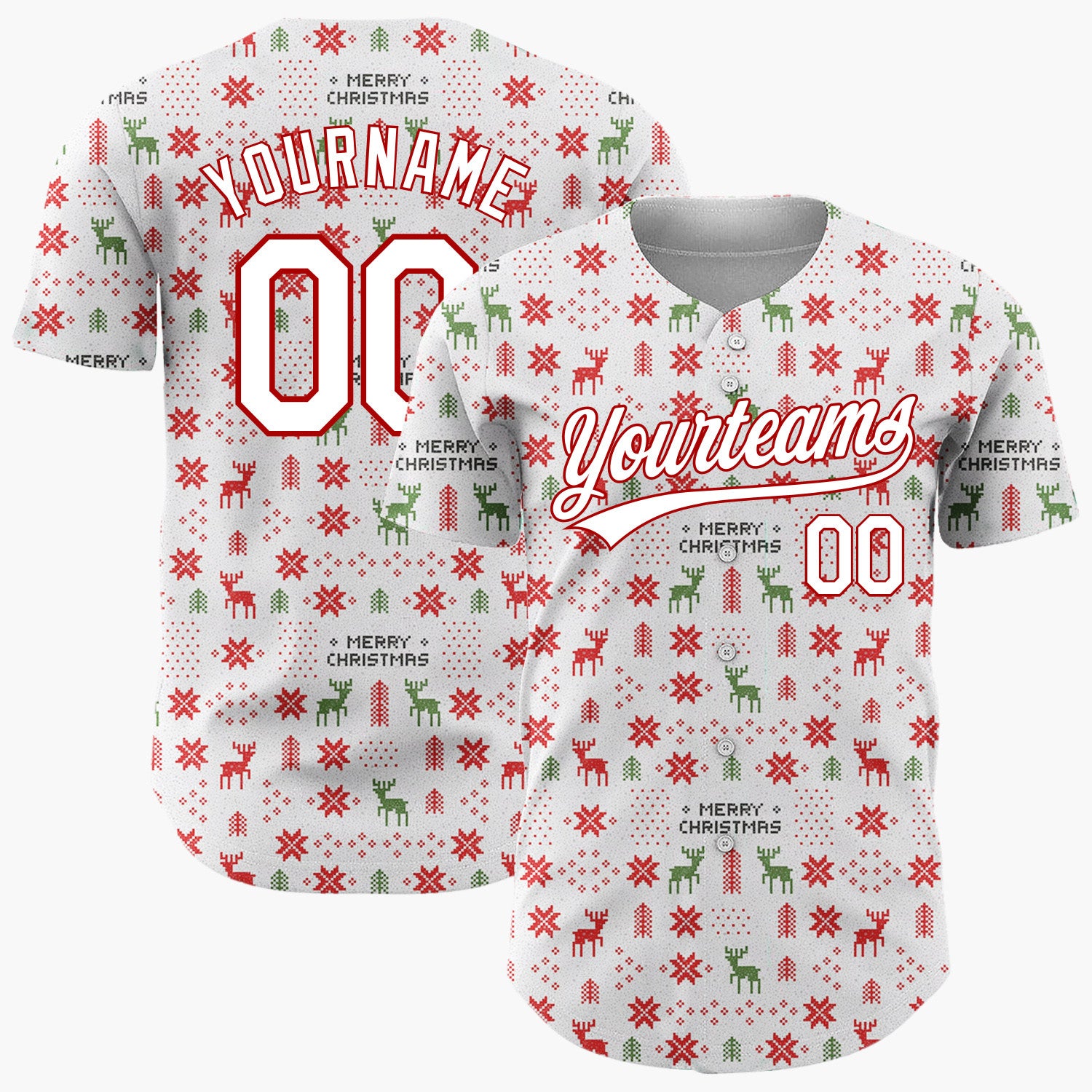 Custom White Red Green Reindeer Trees And Snowflakes Nordic Fair Isle Christmas Baseball Jersey