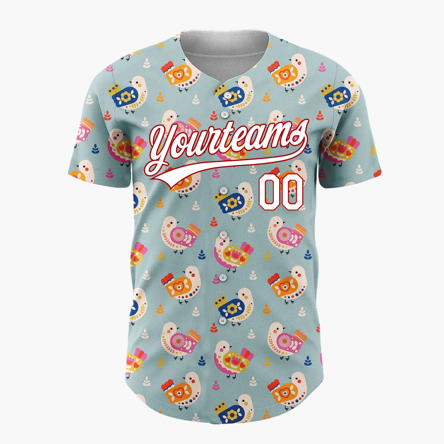 Custom Teal Pink And Orange Folk Birds Leaves Scandinavian Pattern Christmas Baseball Jersey