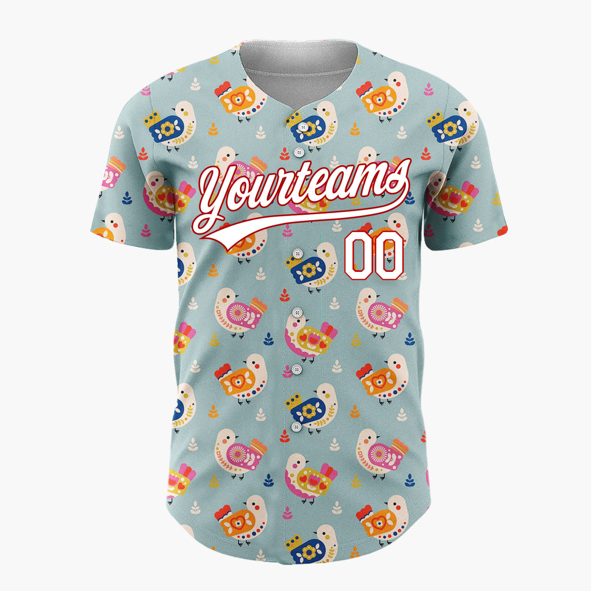 Custom Teal Pink And Orange Folk Birds Leaves Scandinavian Pattern Christmas Baseball Jersey