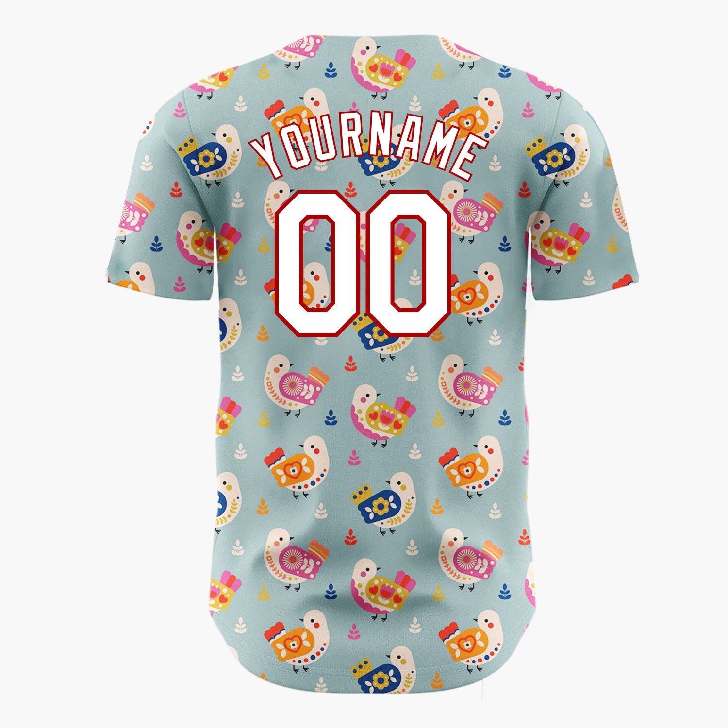 Custom Teal Pink And Orange Folk Birds Leaves Scandinavian Pattern Christmas Baseball Jersey