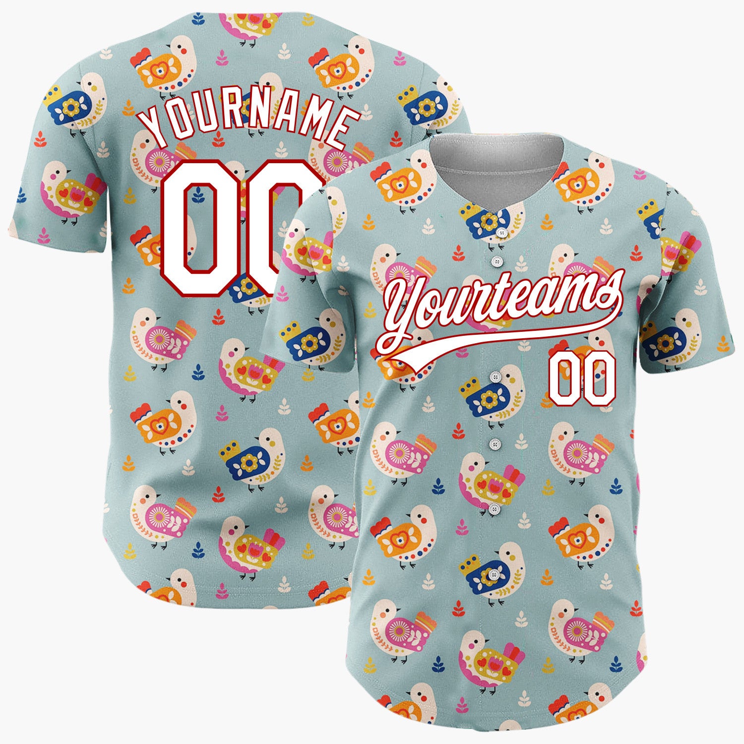 Custom Teal Pink And Orange Folk Birds Leaves Scandinavian Pattern Christmas Baseball Jersey