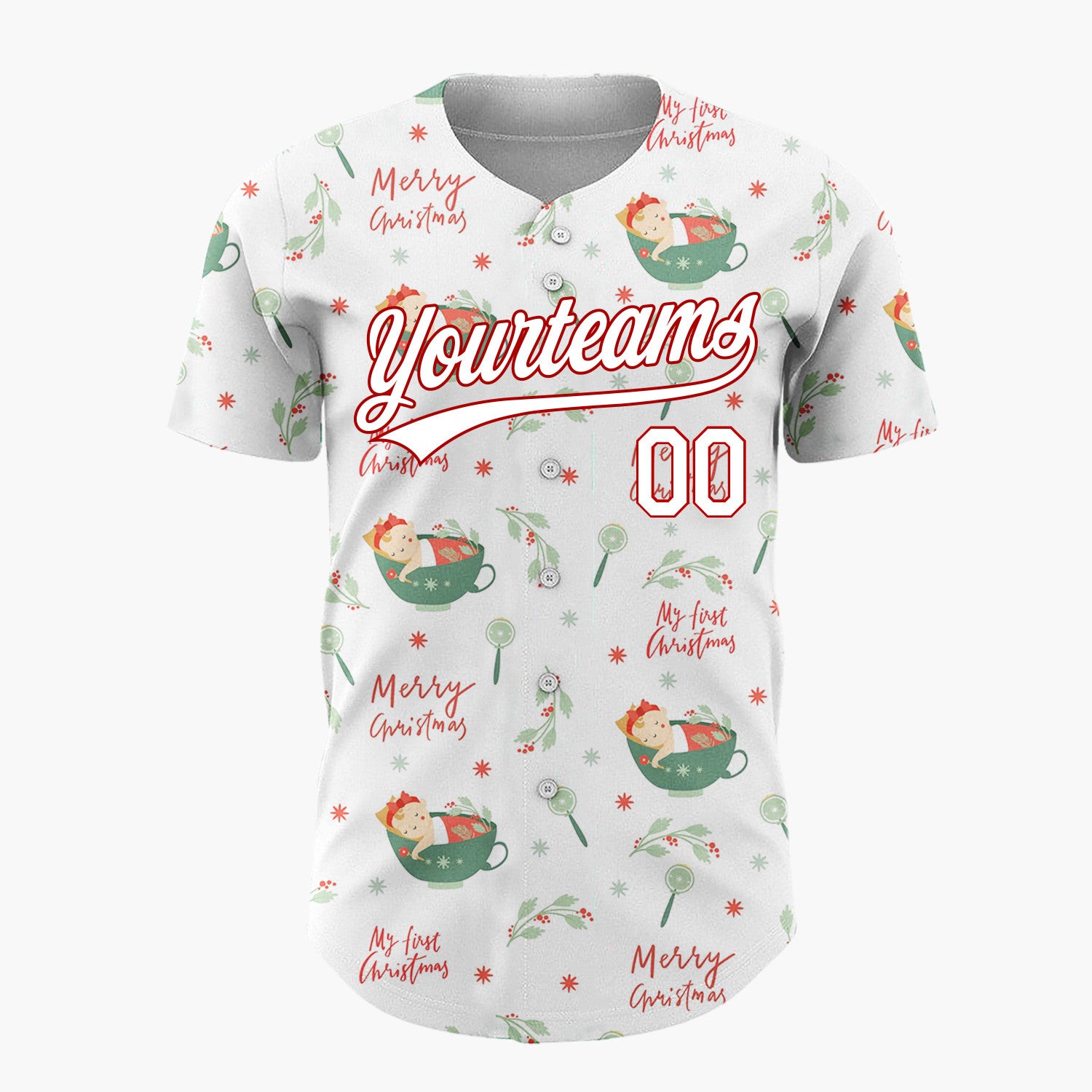 Custom White Green Red Babies In Cups My First Christmas Infant Pattern Christmas Baseball Jersey