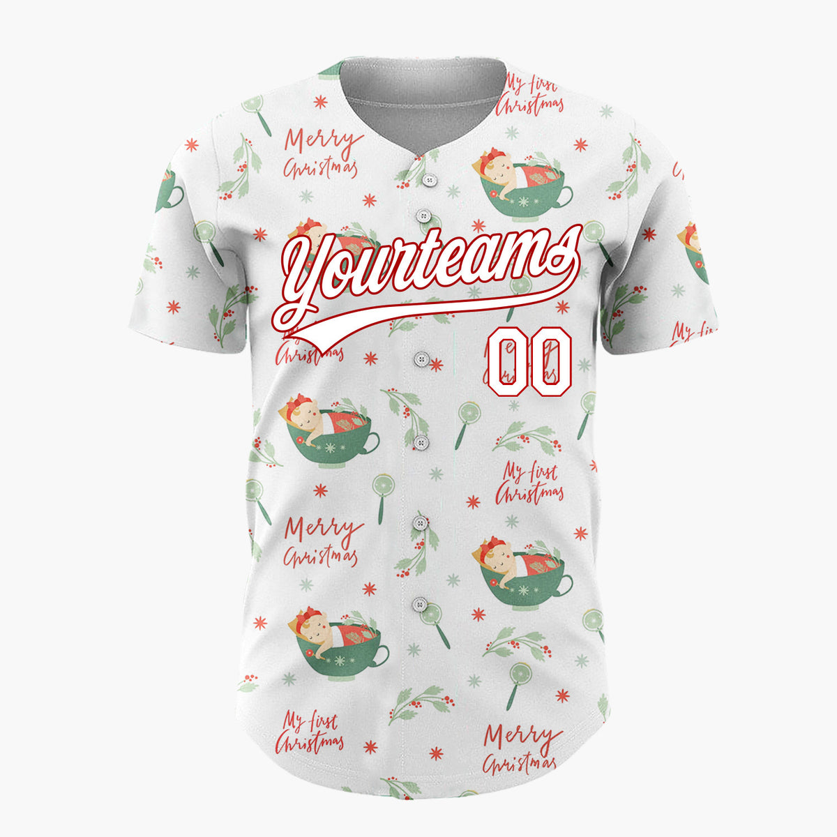 Custom White Green Red Babies In Cups My First Christmas Infant Pattern Christmas Baseball Jersey