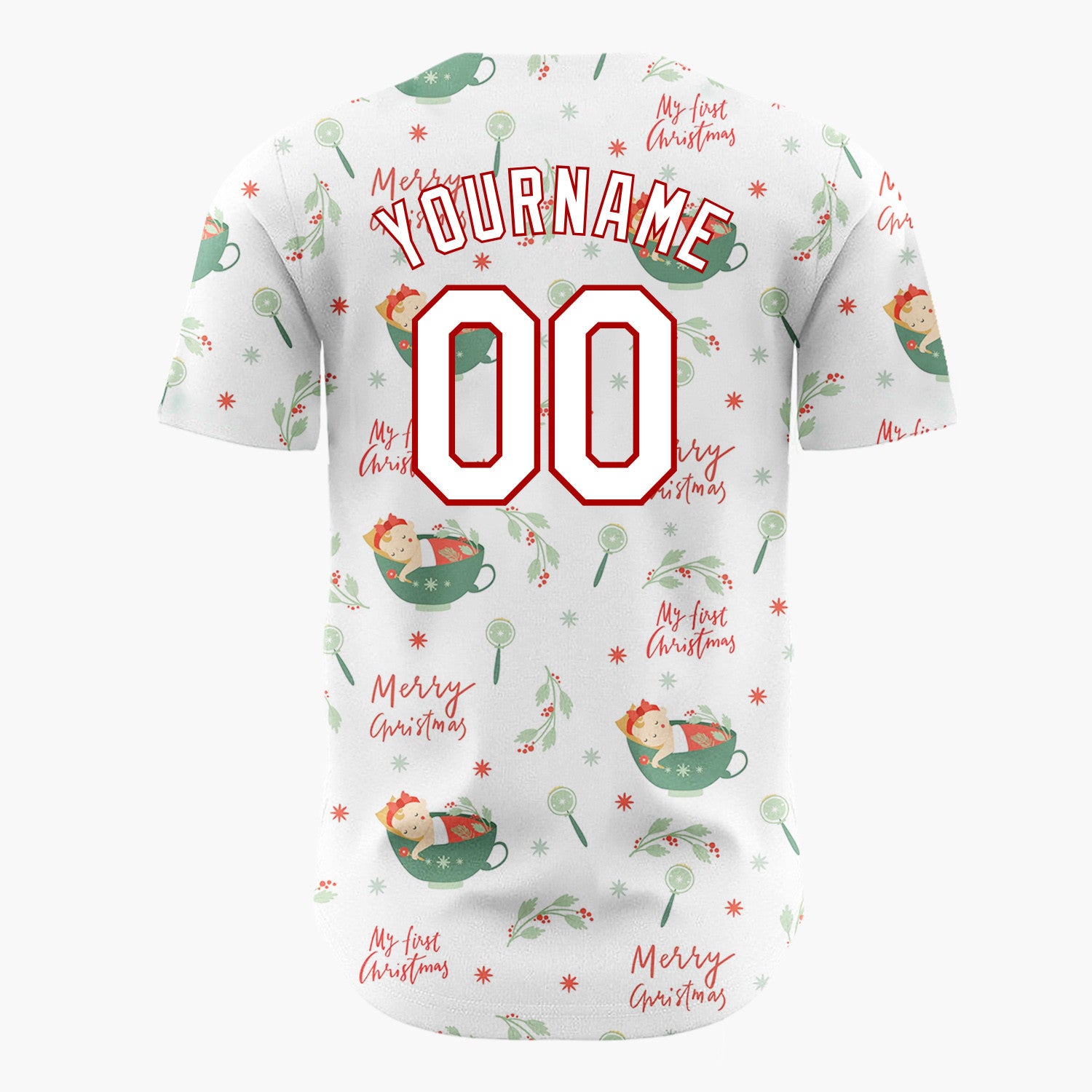 Custom White Green Red Babies In Cups My First Christmas Infant Pattern Christmas Baseball Jersey
