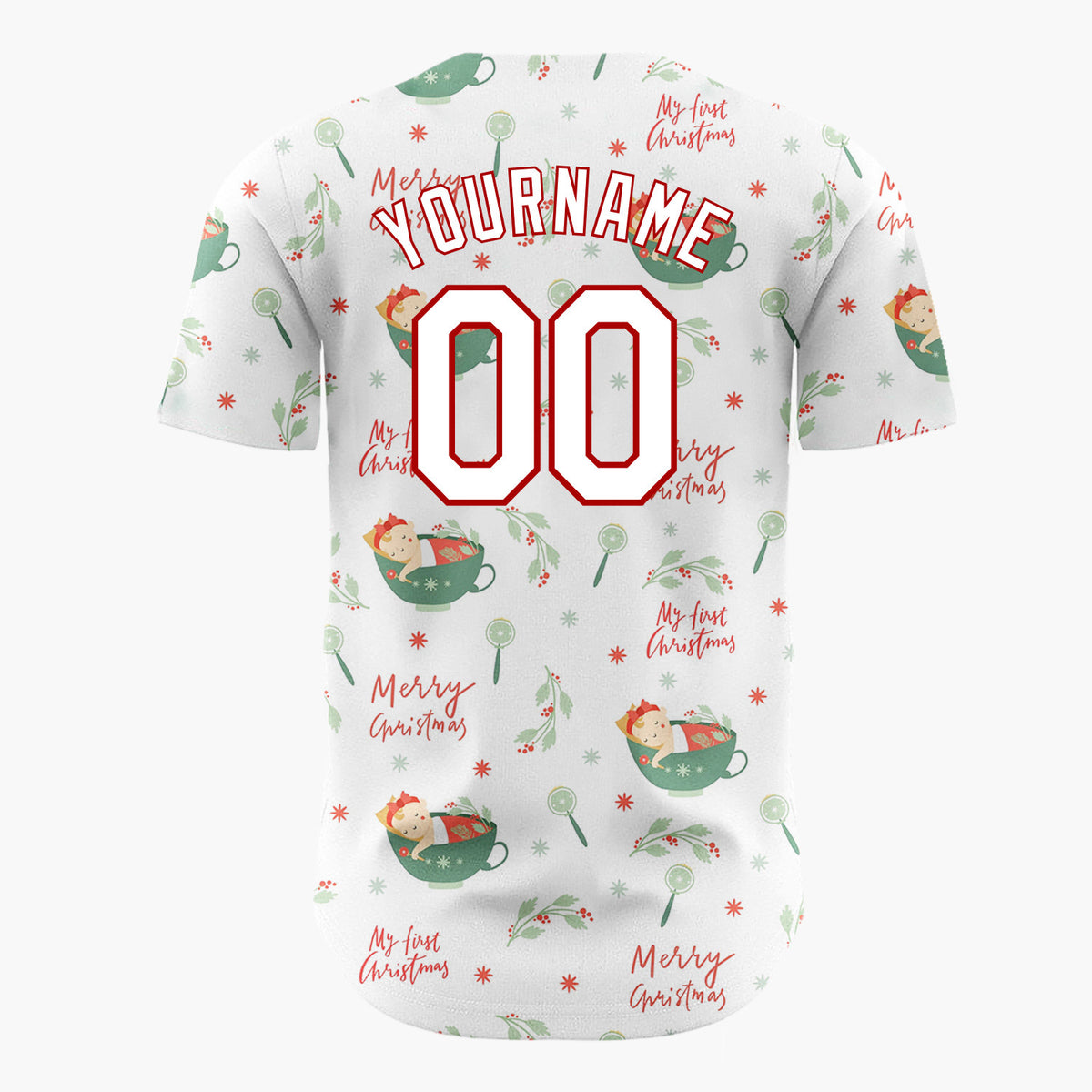 Custom White Green Red Babies In Cups My First Christmas Infant Pattern Christmas Baseball Jersey