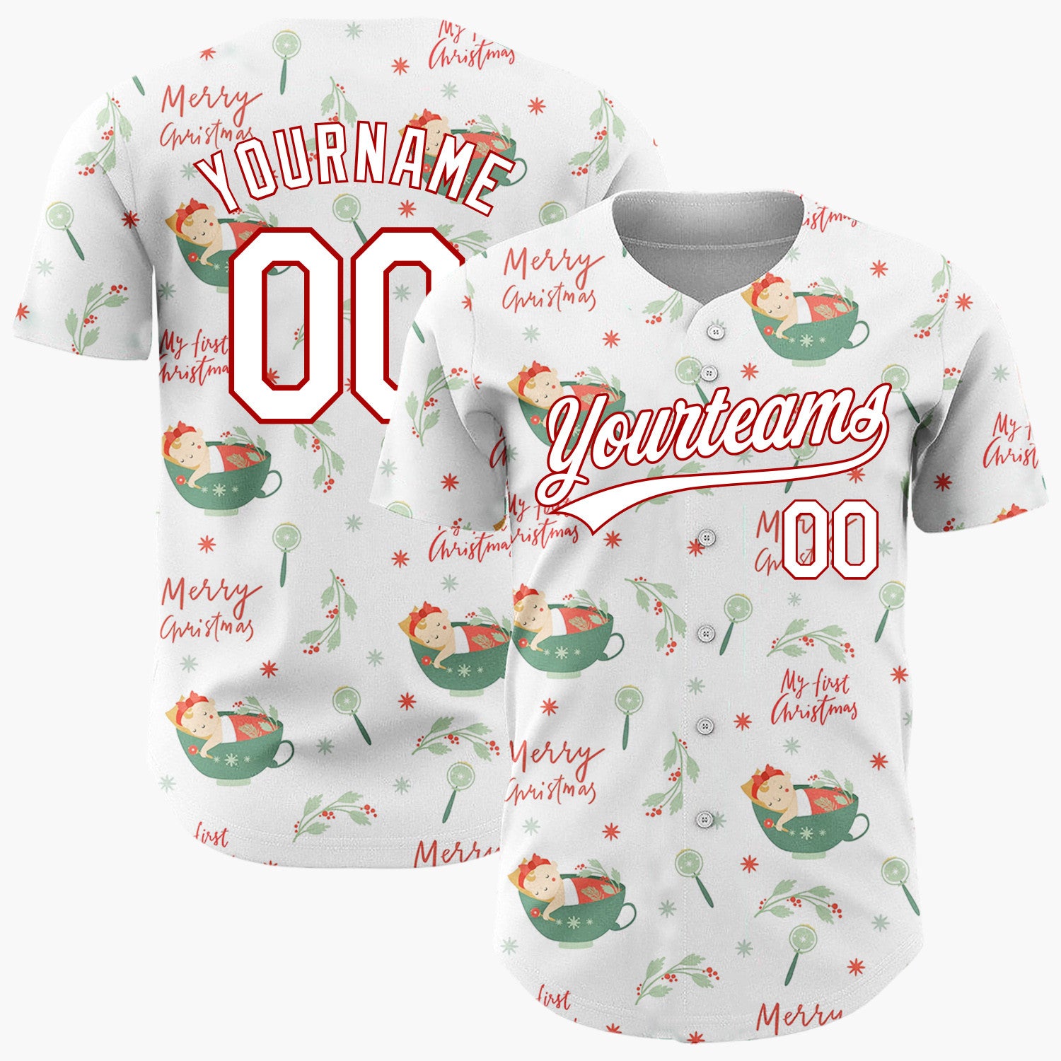 Custom White Green Red Babies In Cups My First Christmas Infant Pattern Christmas Baseball Jersey