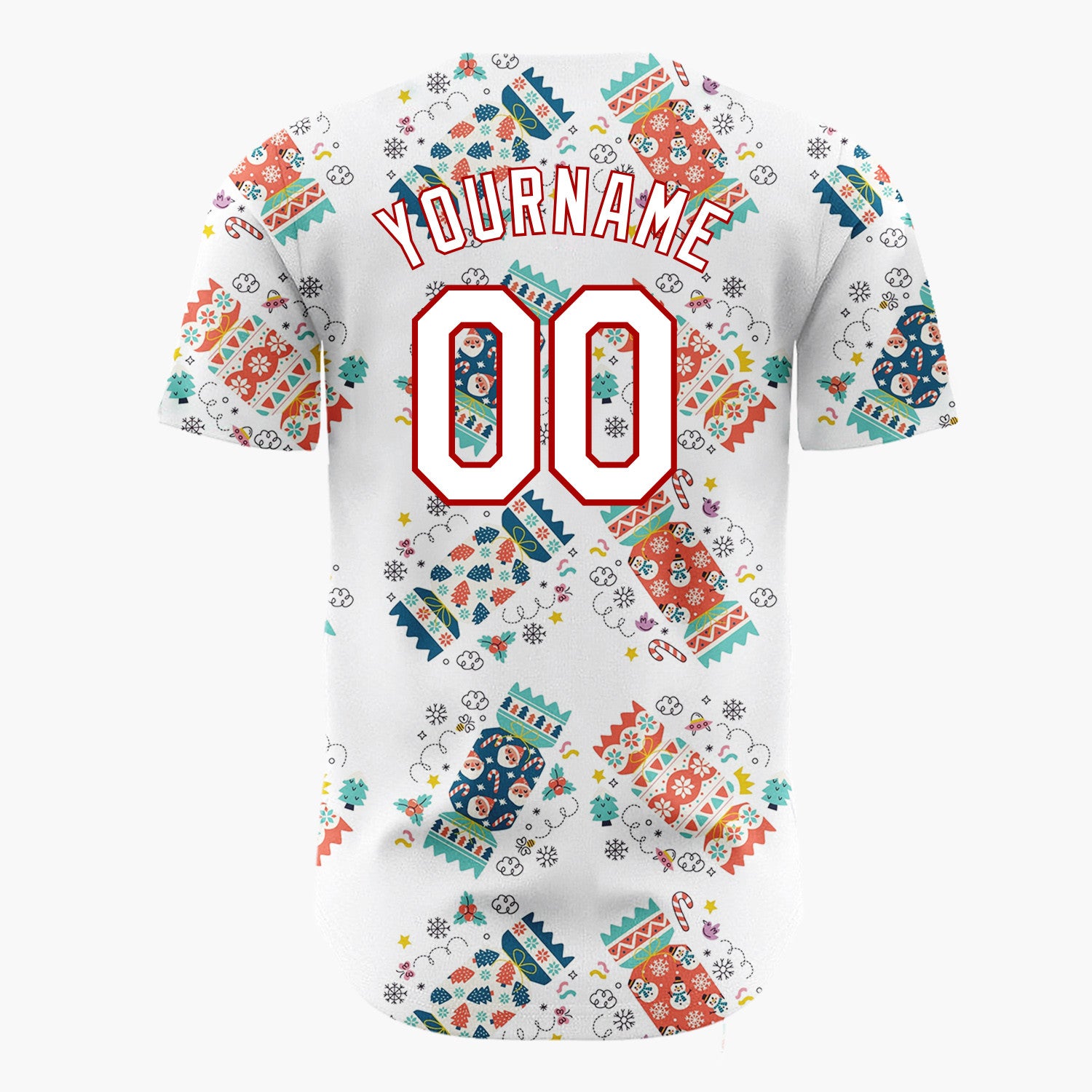 Custom White Crackers Stars And Snowflakes Fun Holiday Pattern Christmas Baseball Jersey