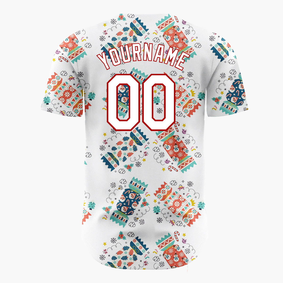 Custom White Crackers Stars And Snowflakes Fun Holiday Pattern Christmas Baseball Jersey