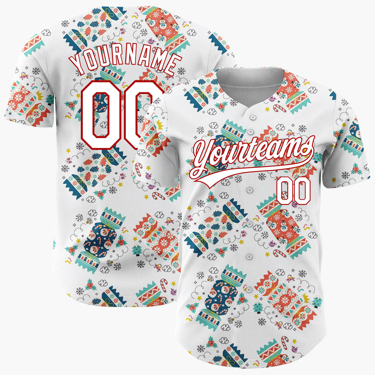 Custom White Crackers Stars And Snowflakes Fun Holiday Pattern Christmas Baseball Jersey