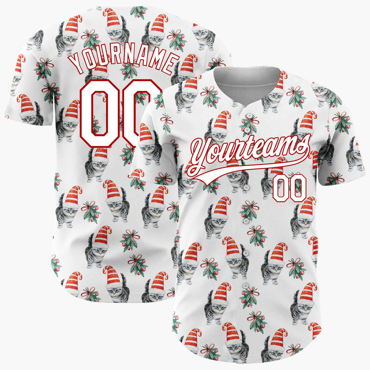Custom White Kitten In Santa Hat Watercolor Christmas Baseball Jersey