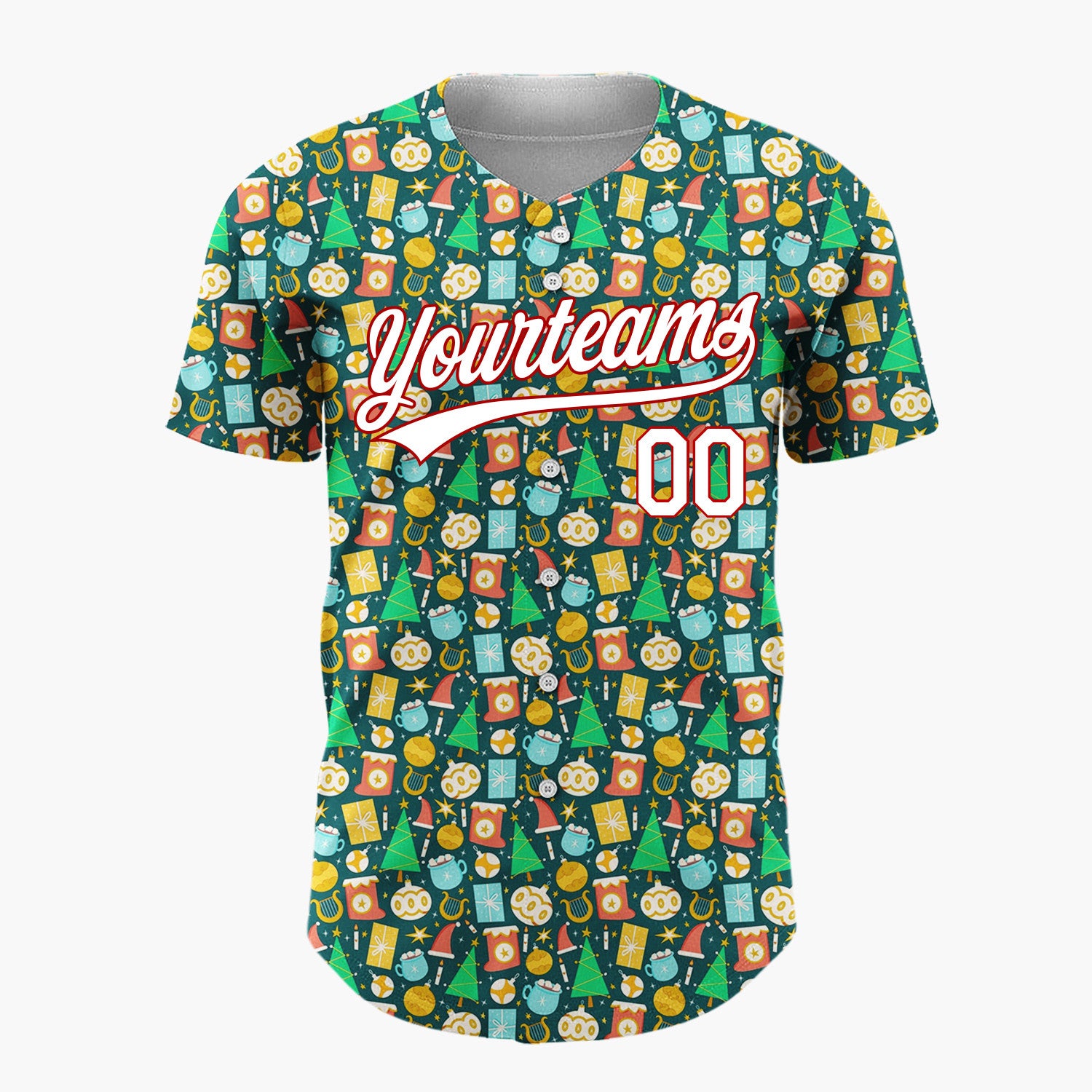 Custom Teal Yellow Trees Gifts And Ornaments Playful Christmas Baseball Jersey