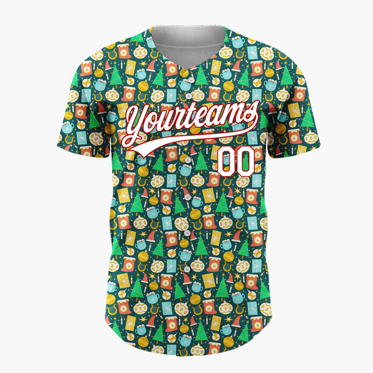 Custom Teal Yellow Trees Gifts And Ornaments Playful Christmas Baseball Jersey