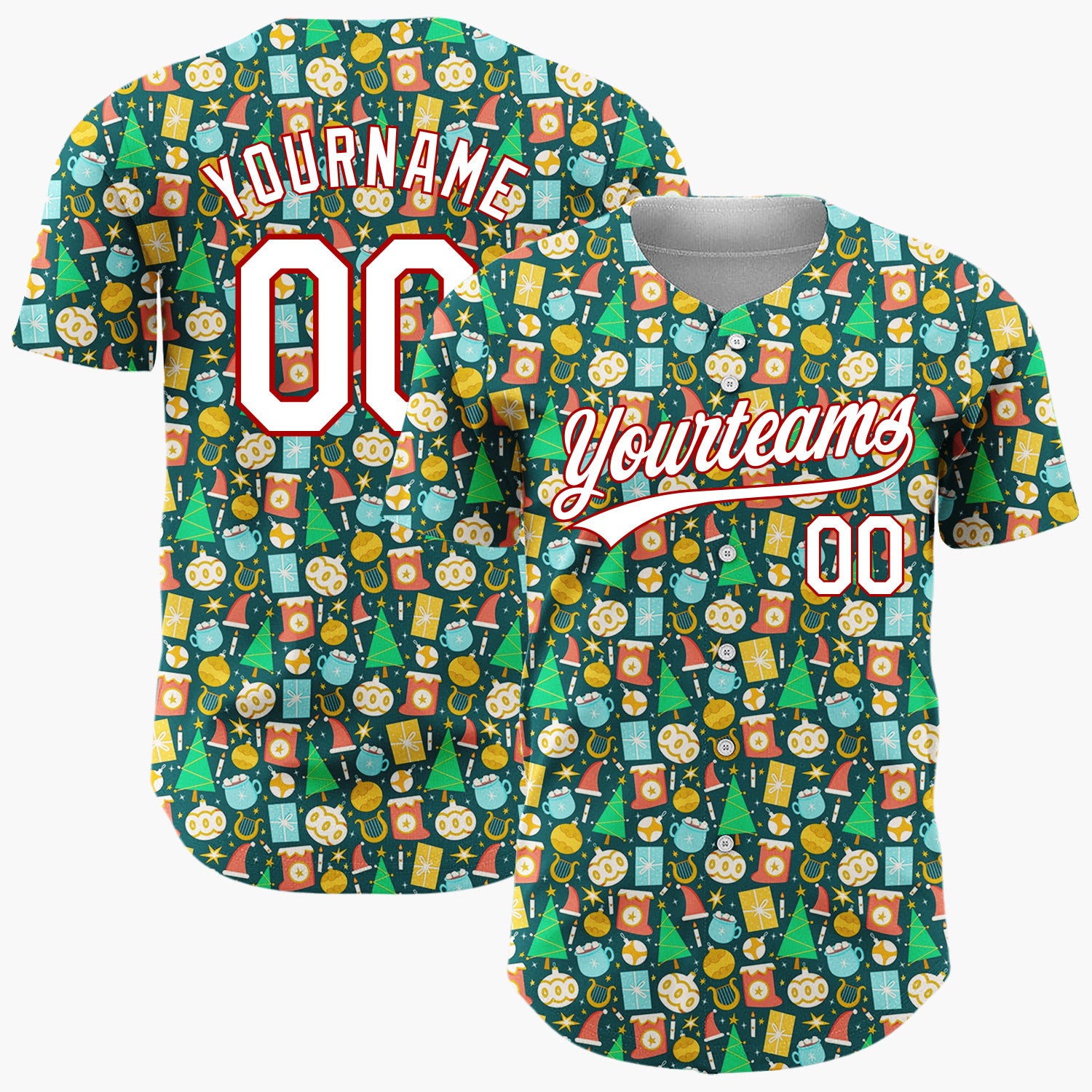 Custom Teal Yellow Trees Gifts And Ornaments Playful Christmas Baseball Jersey
