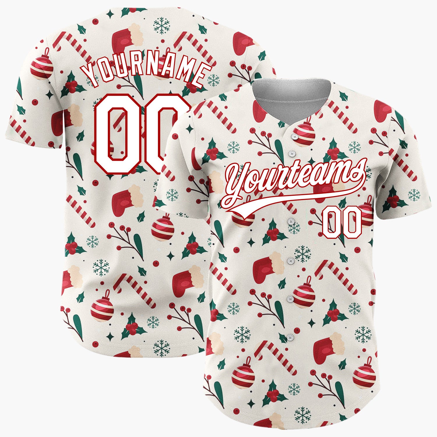 Custom White Candy Canes Santa Playful Cartoon Pattern Christmas Baseball Jersey