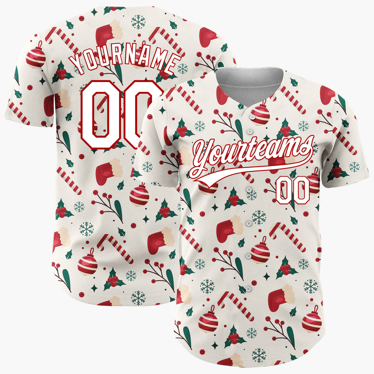 Custom White Candy Canes Santa Playful Cartoon Pattern Christmas Baseball Jersey