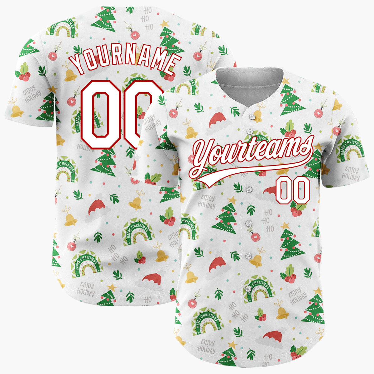 Custom White Christmas Trees Hats Doodles Cartoon Pattern Christmas Baseball Jersey