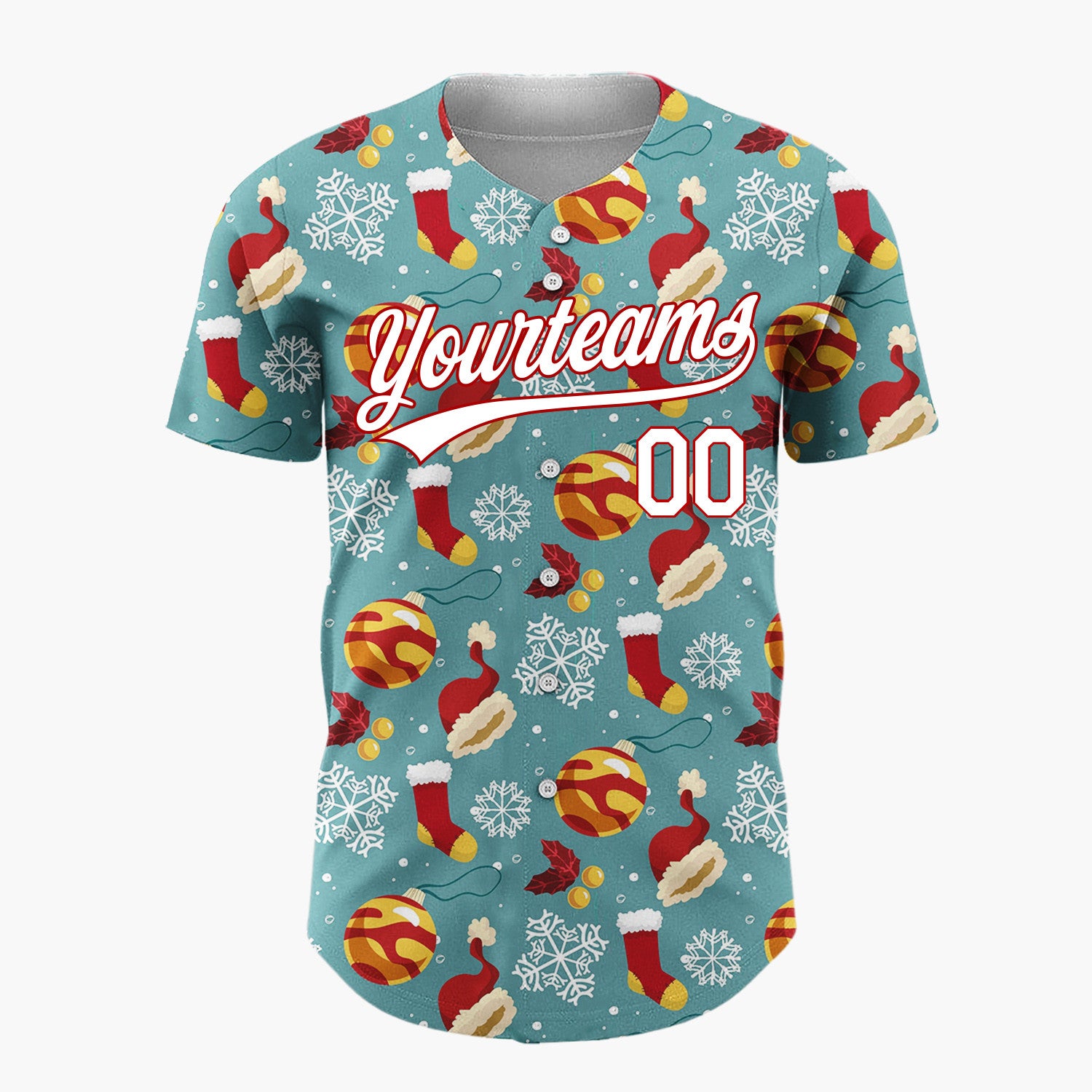 Custom Teal Red Yellow Santa Hats And Baubles Bold Winter Pattern Christmas Baseball Jersey