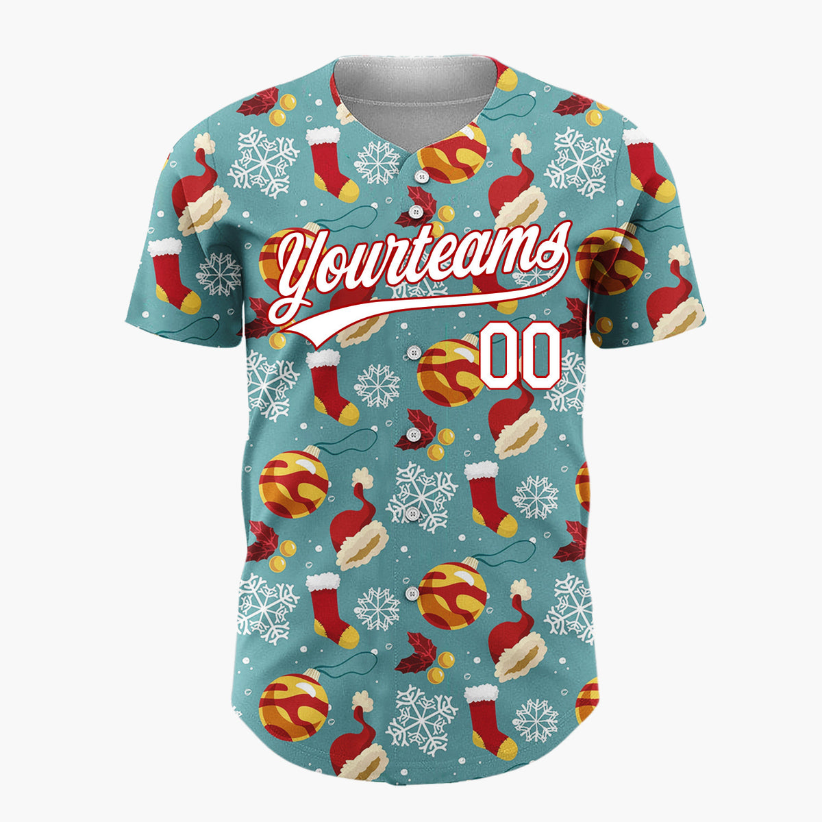 Custom Teal Red Yellow Santa Hats And Baubles Bold Winter Pattern Christmas Baseball Jersey