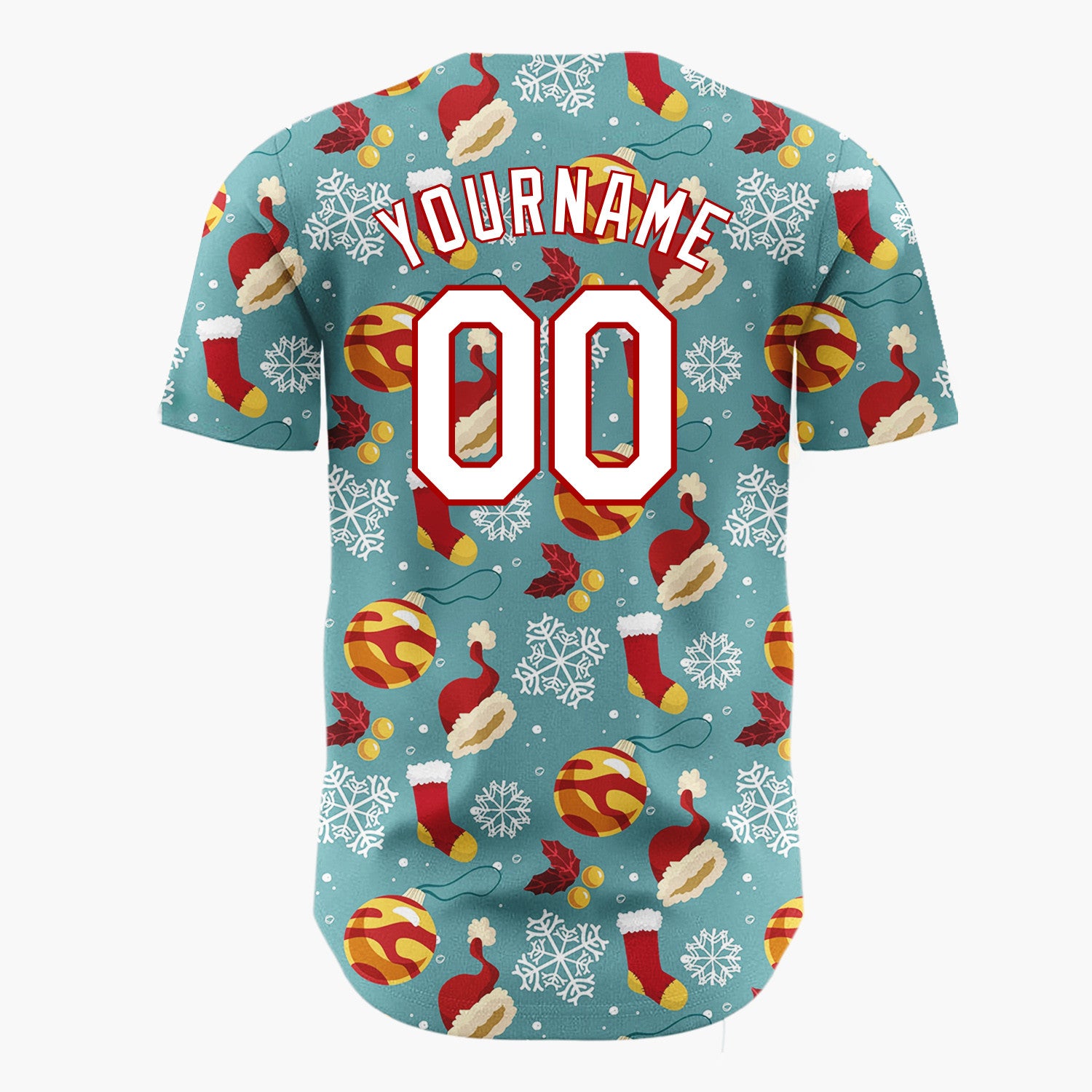 Custom Teal Red Yellow Santa Hats And Baubles Bold Winter Pattern Christmas Baseball Jersey