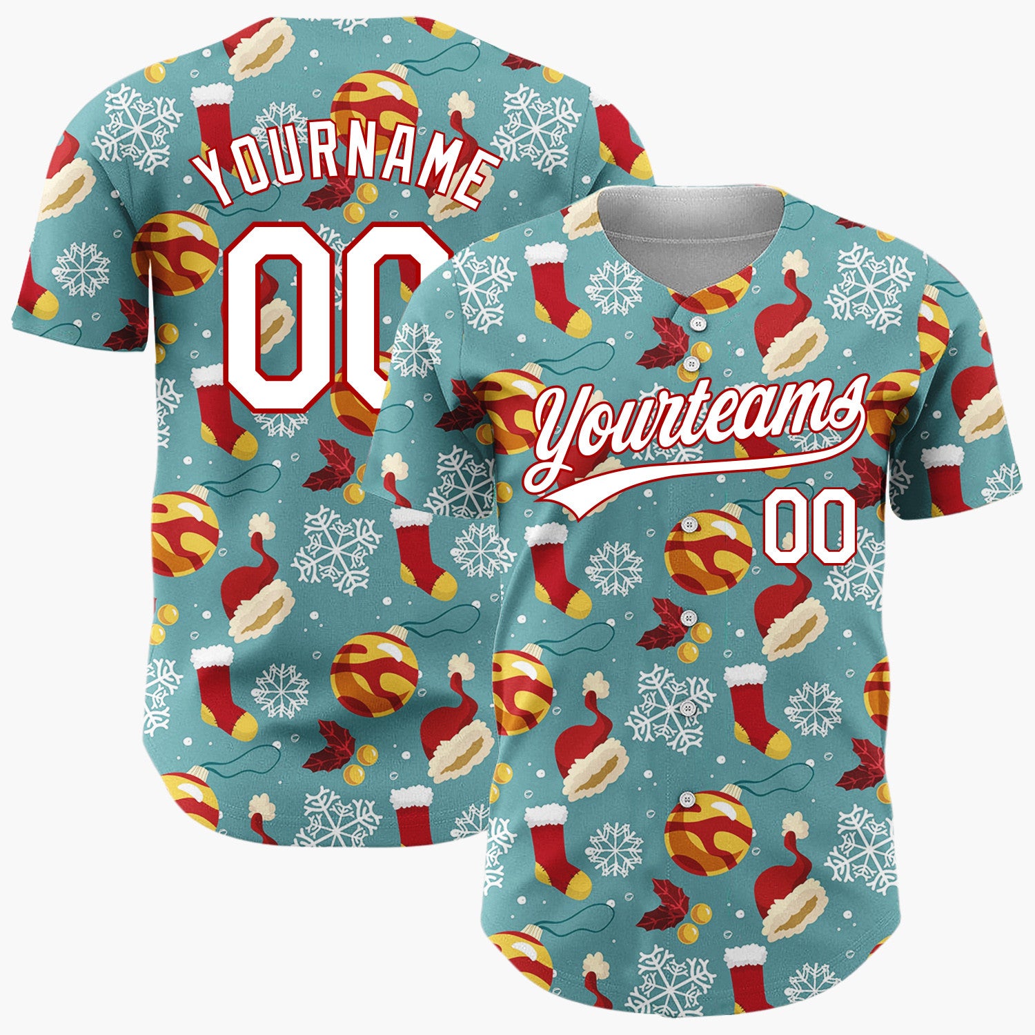 Custom Teal Red Yellow Santa Hats And Baubles Bold Winter Pattern Christmas Baseball Jersey