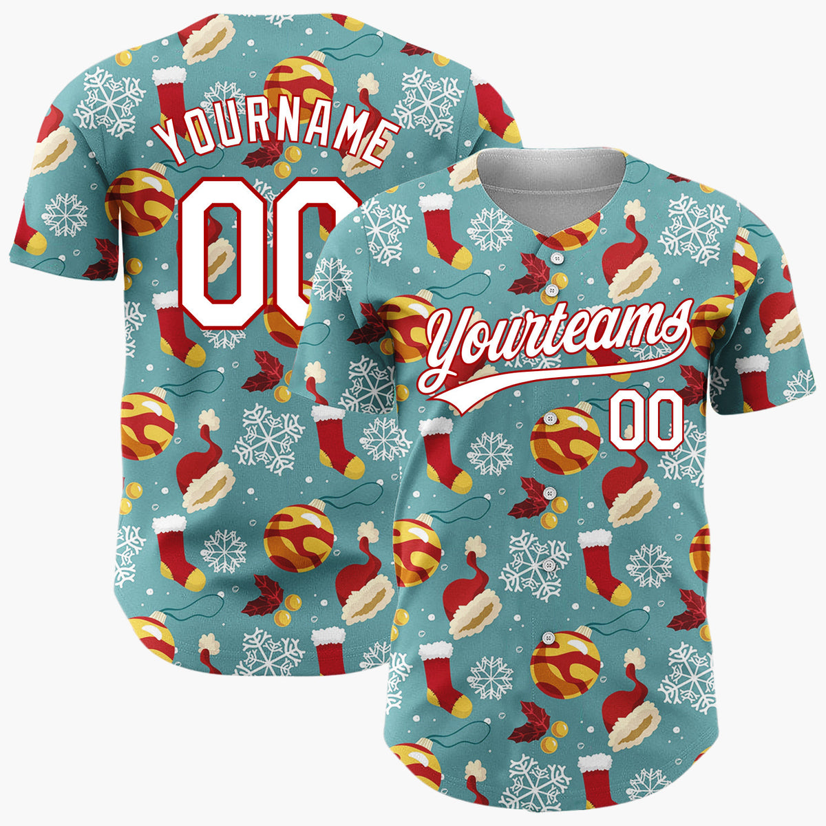 Custom Teal Red Yellow Santa Hats And Baubles Bold Winter Pattern Christmas Baseball Jersey