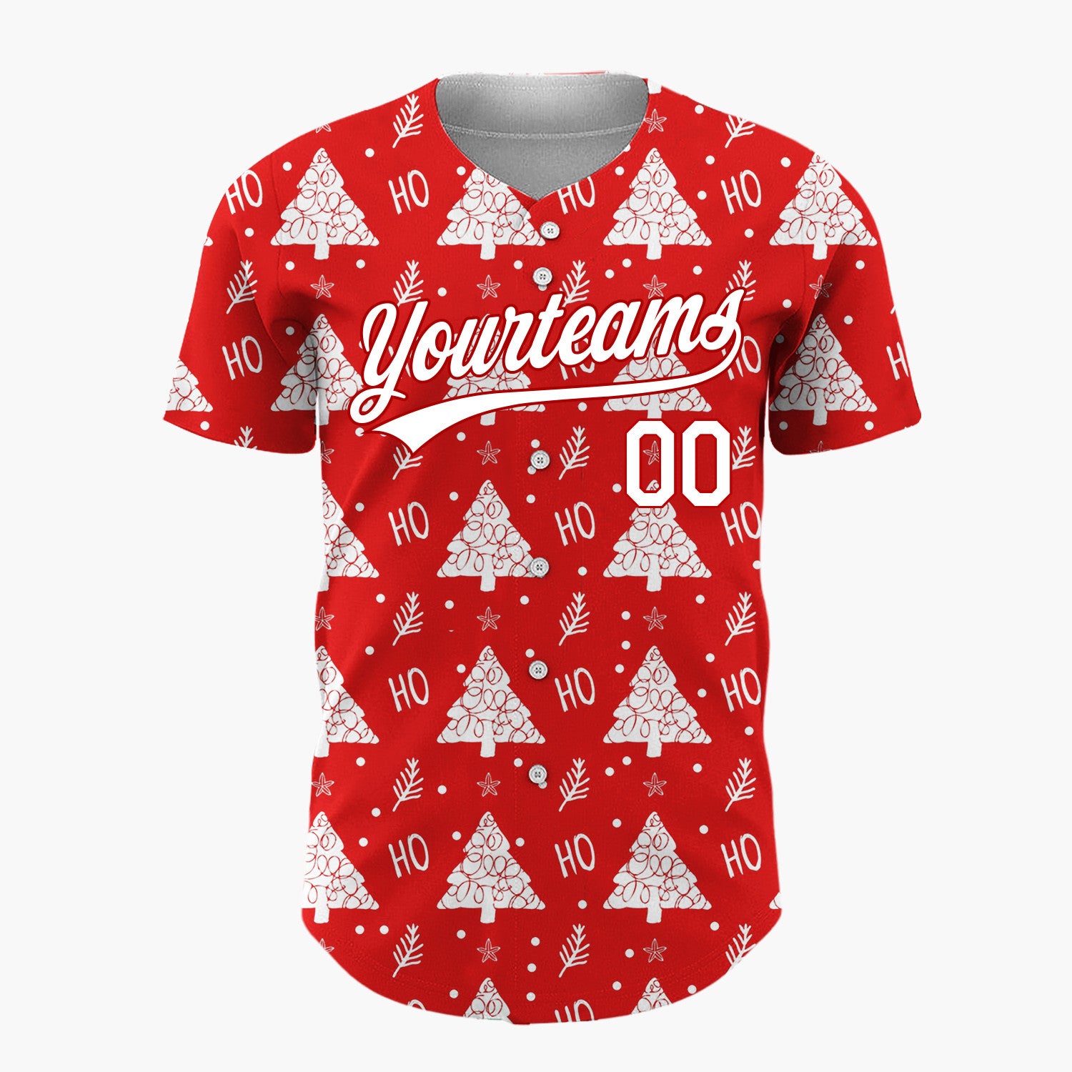 Custom Red White Stylized Trees And Ho Text Fun Pattern Christmas Baseball Jersey