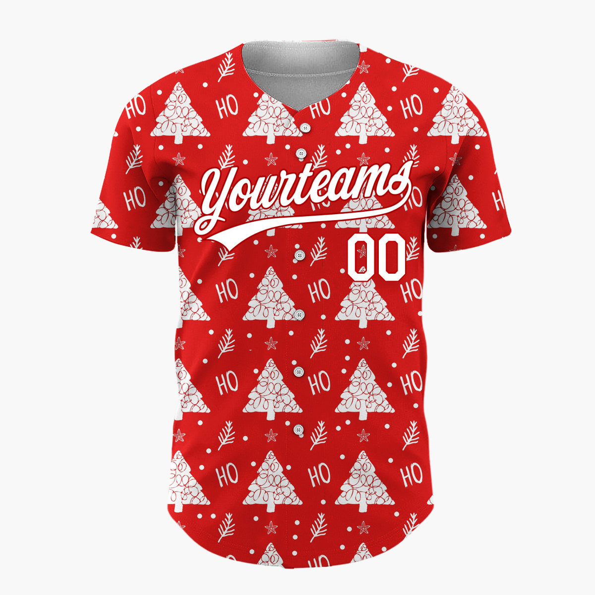Custom Red White Stylized Trees And Ho Text Fun Pattern Christmas Baseball Jersey