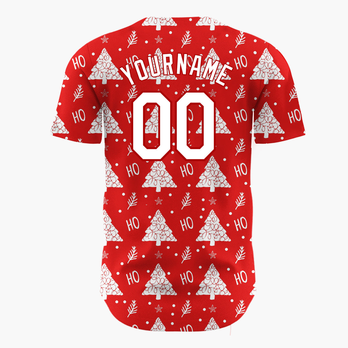 Custom Red White Stylized Trees And Ho Text Fun Pattern Christmas Baseball Jersey