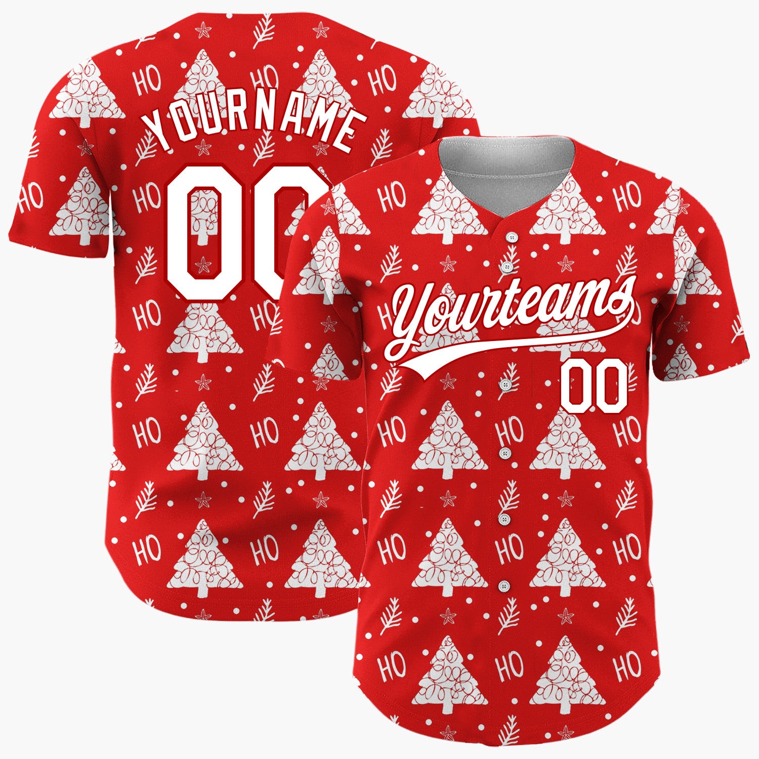 Custom Red White Stylized Trees And Ho Text Fun Pattern Christmas Baseball Jersey