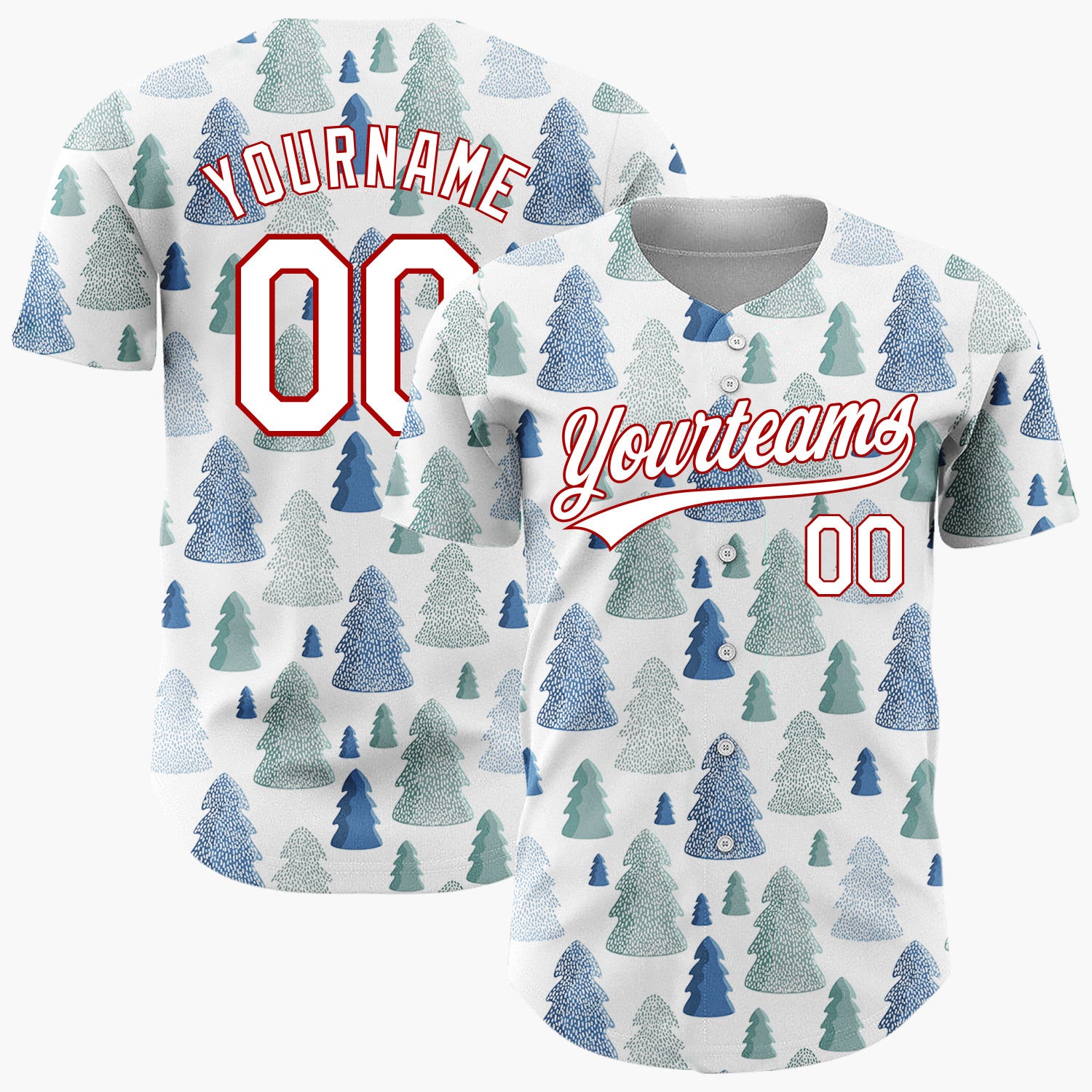 Custom White Blue Teal Textured Christmas Trees Winter Pattern Christmas Baseball Jersey