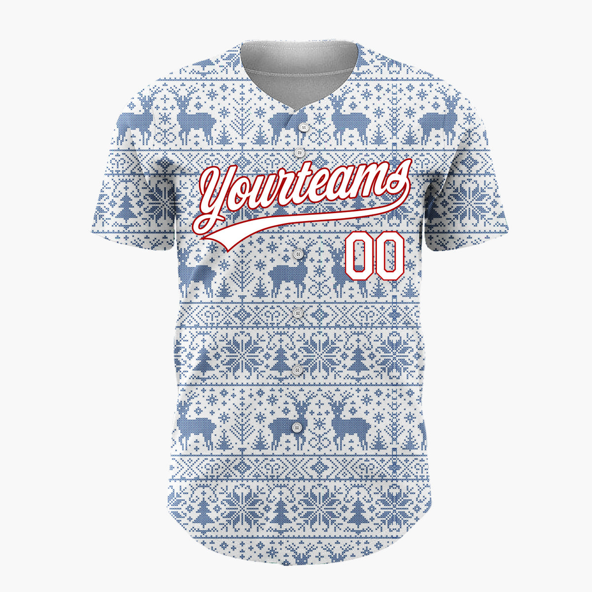 Custom White Blue Reindeer Snowflake Bands Fair Isle Knitted Pattern Christmas Baseball Jersey