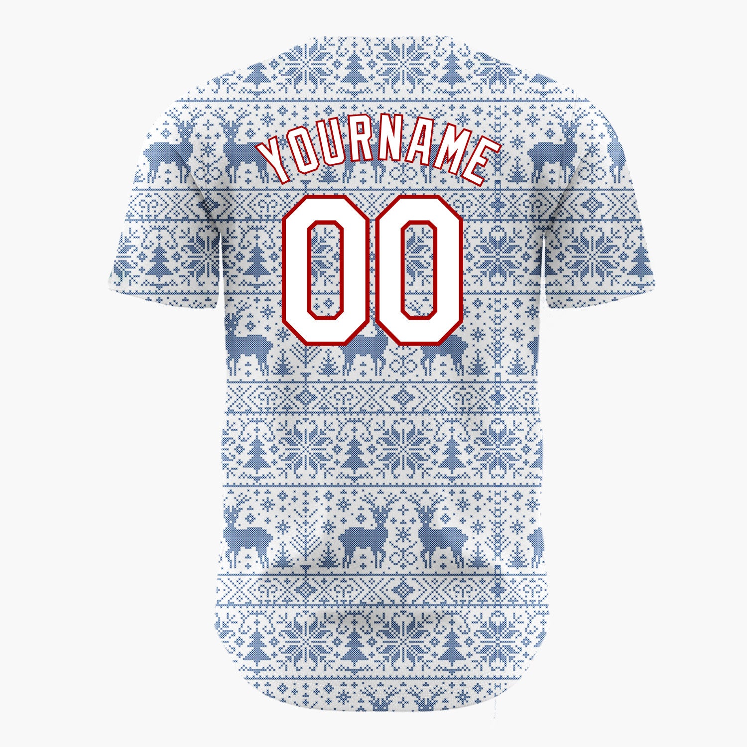 Custom White Blue Reindeer Snowflake Bands Fair Isle Knitted Pattern Christmas Baseball Jersey