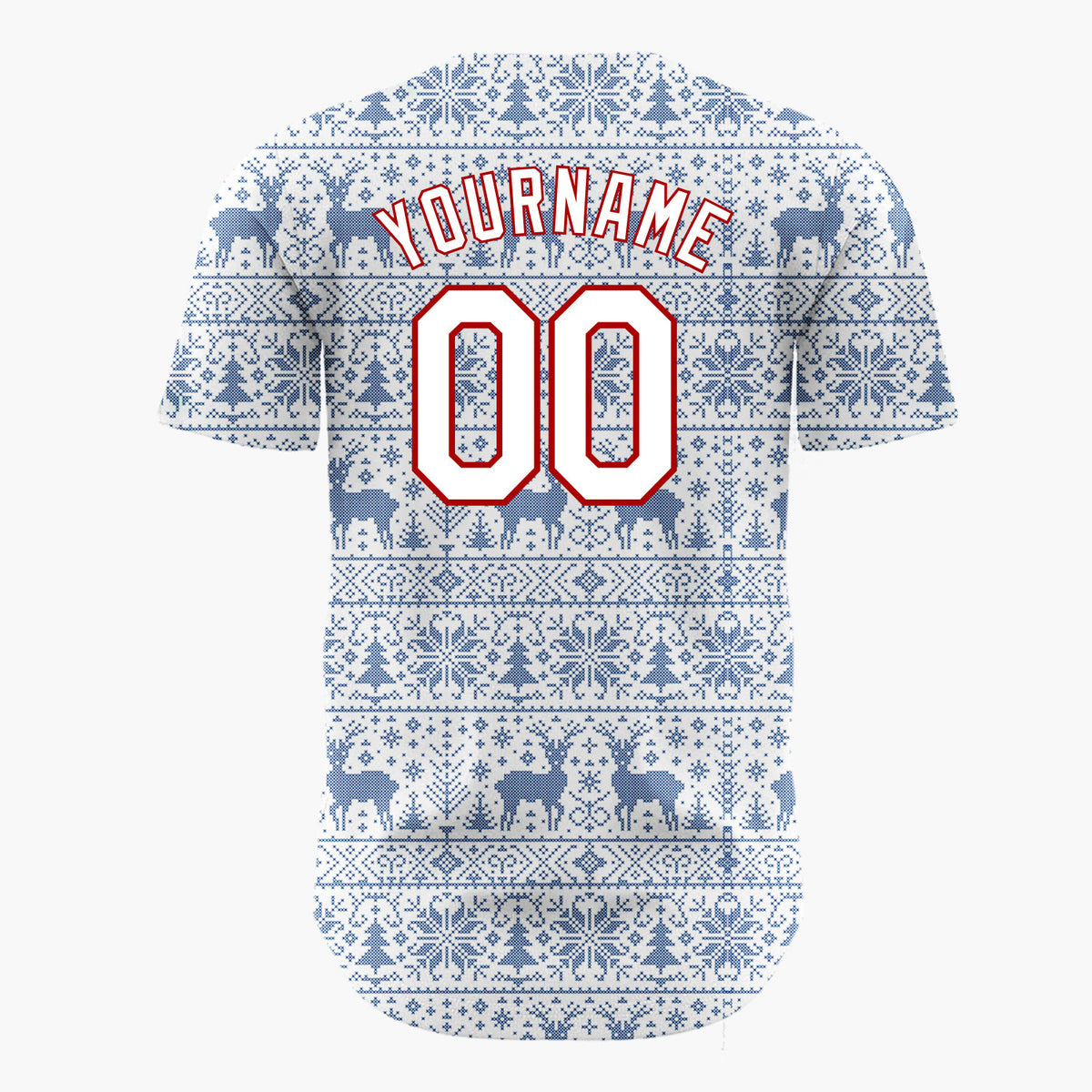 Custom White Blue Reindeer Snowflake Bands Fair Isle Knitted Pattern Christmas Baseball Jersey