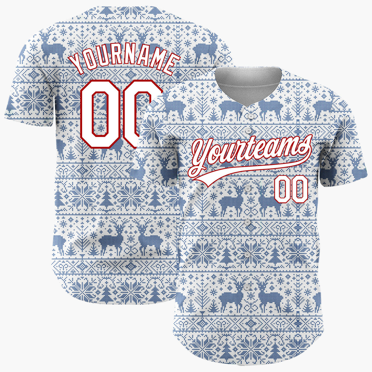 Custom White Blue Reindeer Snowflake Bands Fair Isle Knitted Pattern Christmas Baseball Jersey