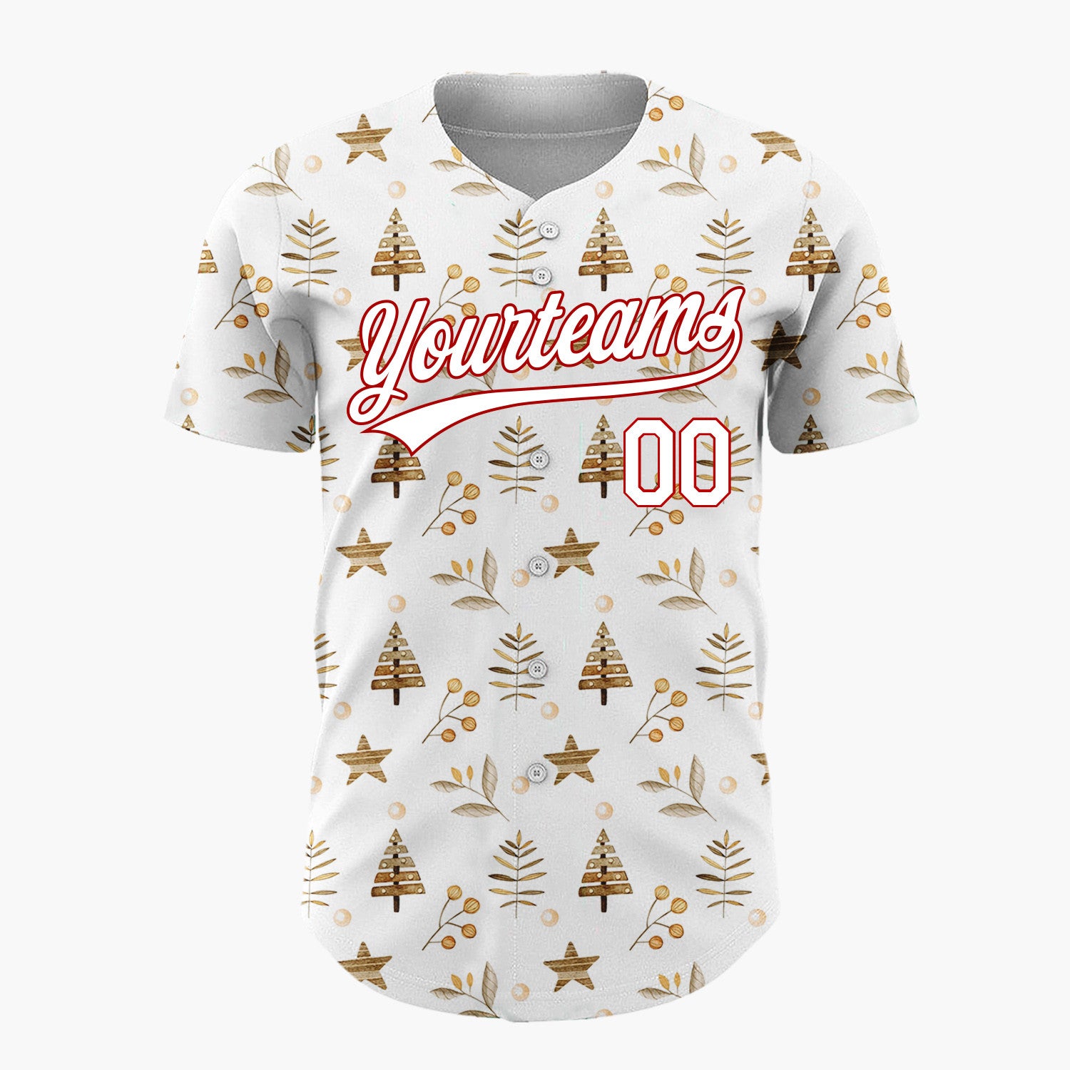 Custom White Brown Watercolor Trees Stars Naturalist Winter Pattern Christmas Baseball Jersey