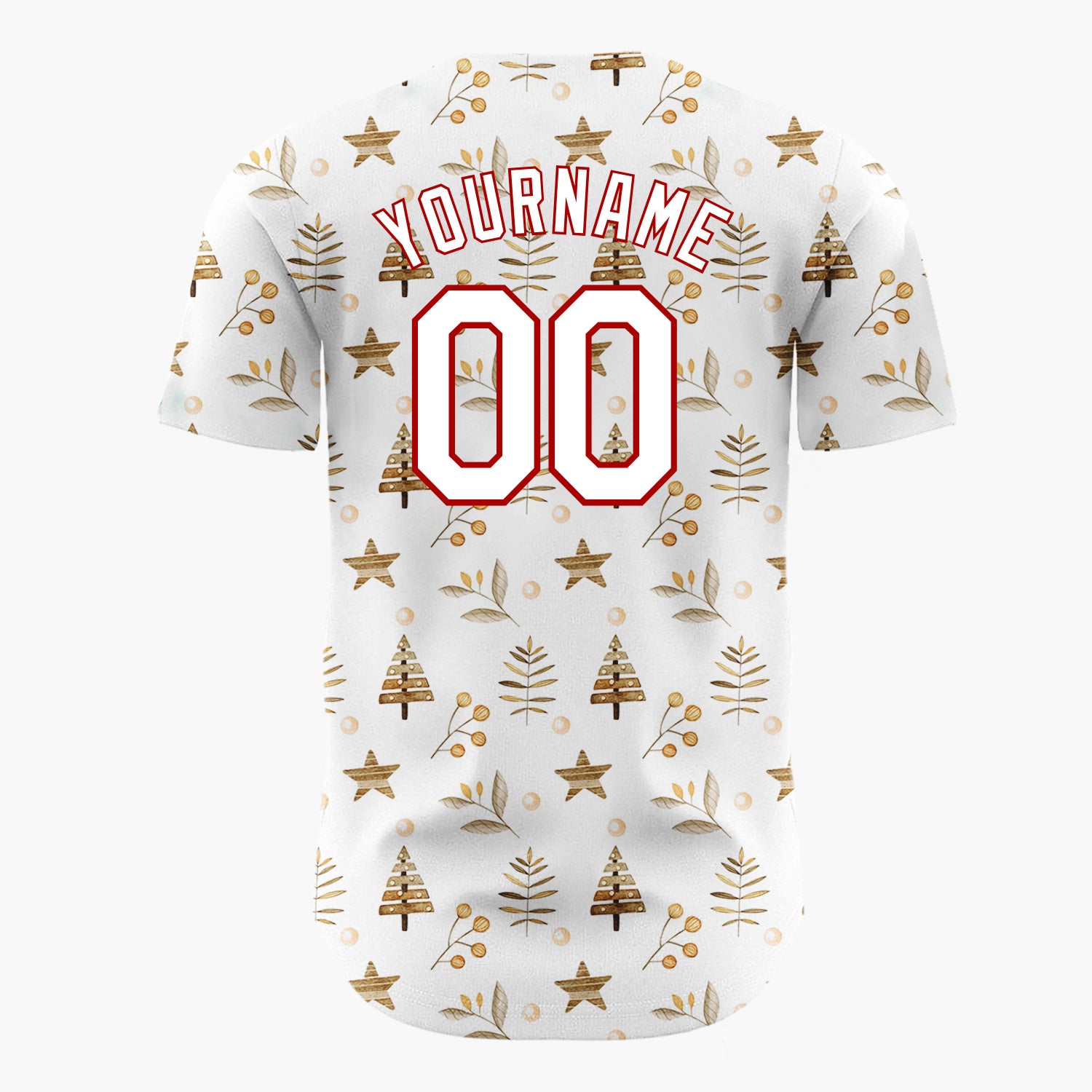 Custom White Brown Watercolor Trees Stars Naturalist Winter Pattern Christmas Baseball Jersey