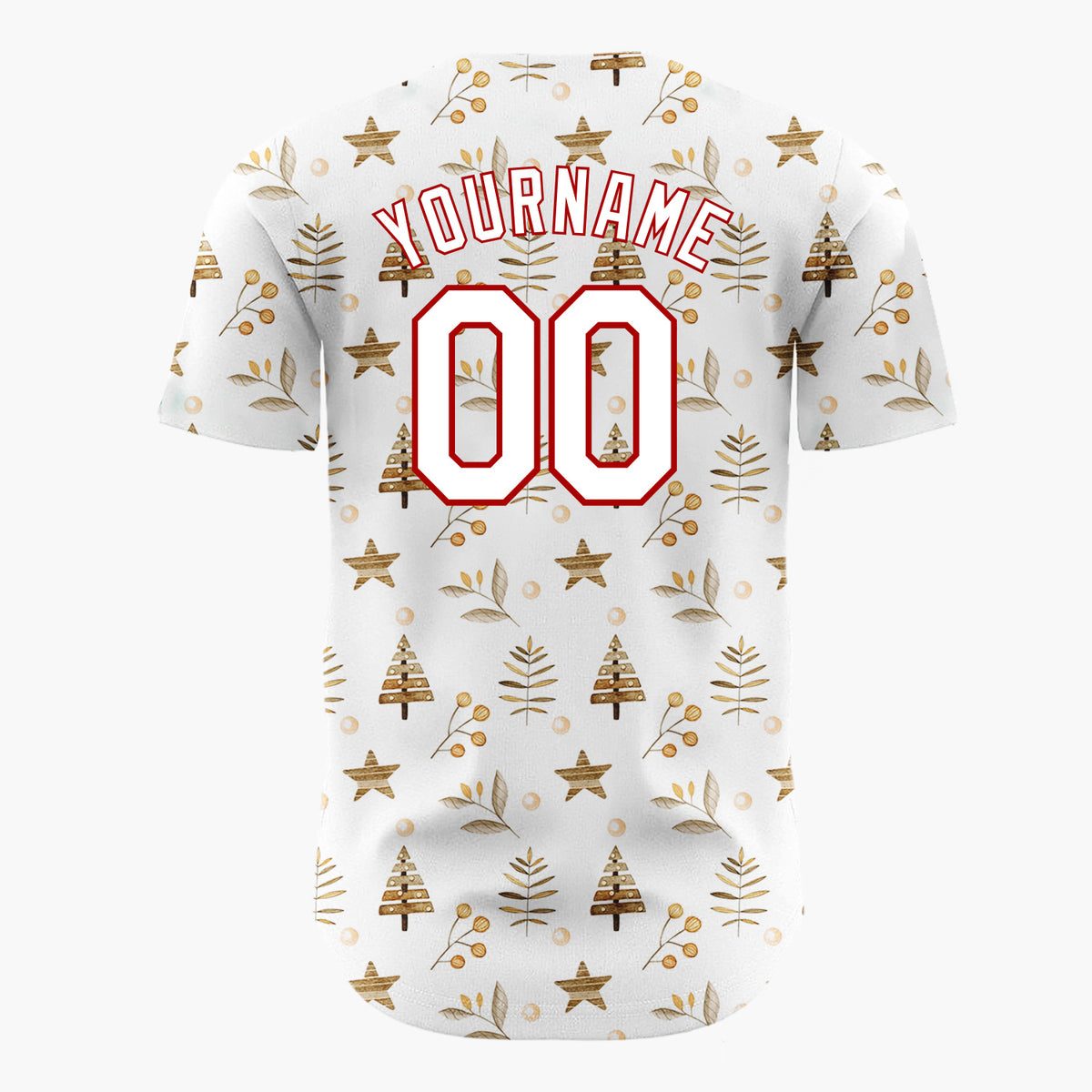 Custom White Brown Watercolor Trees Stars Naturalist Winter Pattern Christmas Baseball Jersey