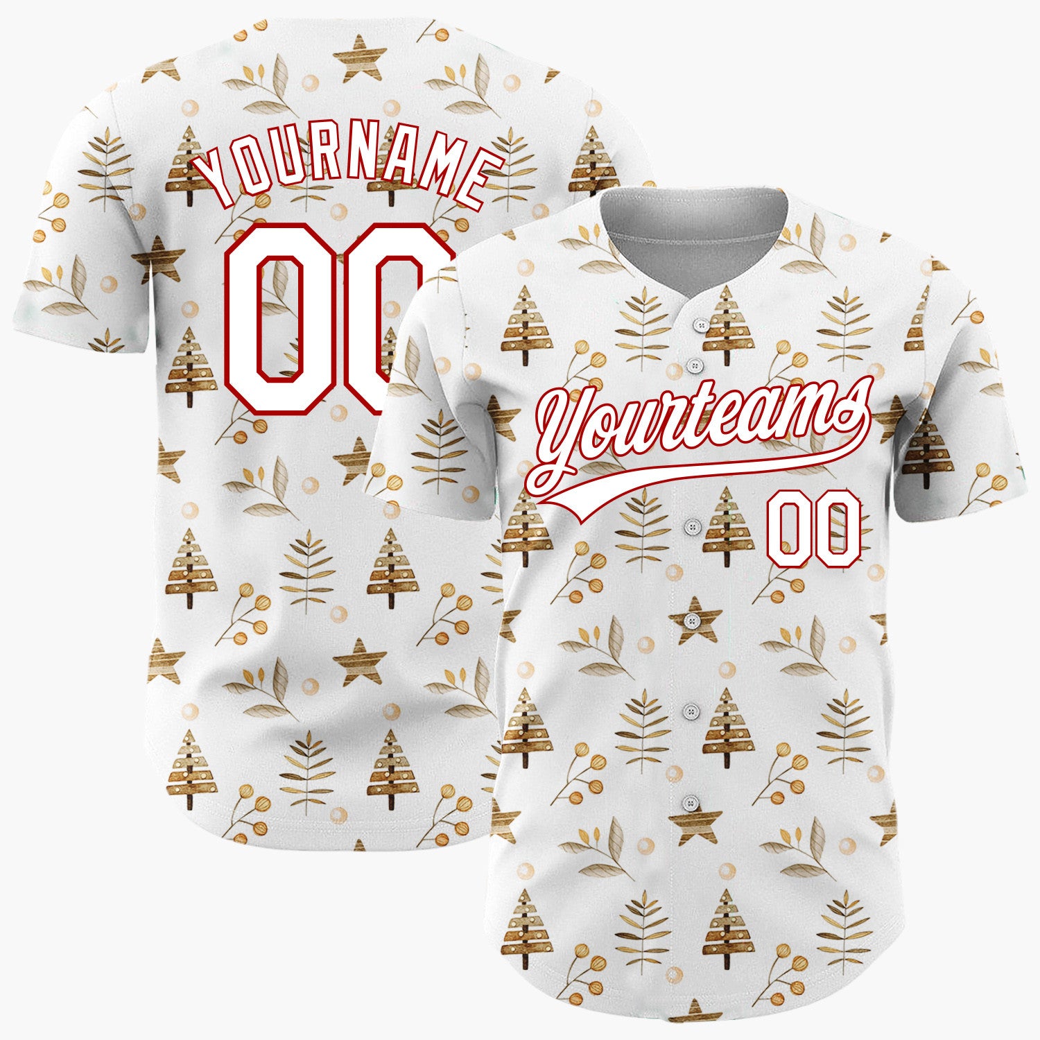 Custom White Brown Watercolor Trees Stars Naturalist Winter Pattern Christmas Baseball Jersey