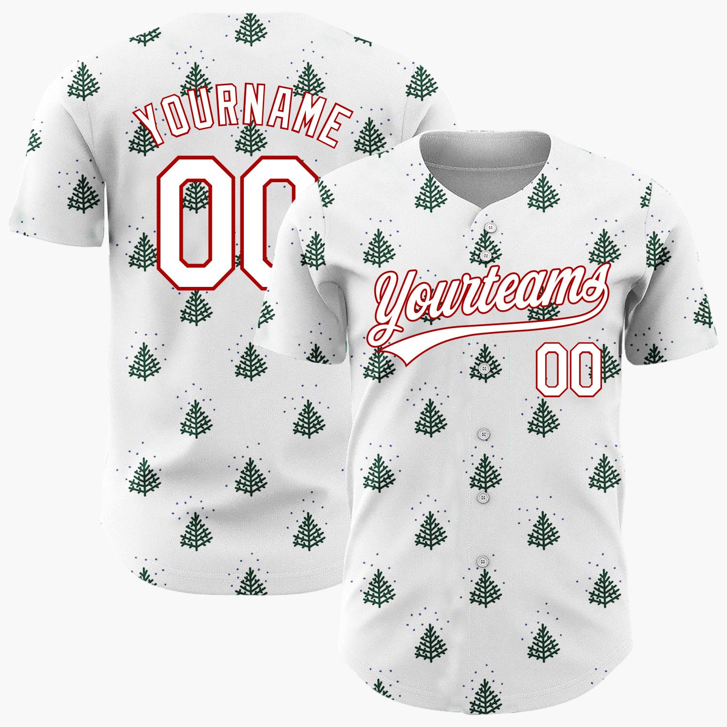 Custom White Green Minimalist Pine Trees Dotted Pattern Christmas Baseball Jersey