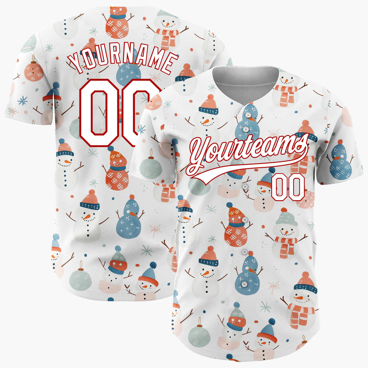 Custom White Pastel Snowmen And Ornaments Cute Festive Pattern Christmas Baseball Jersey