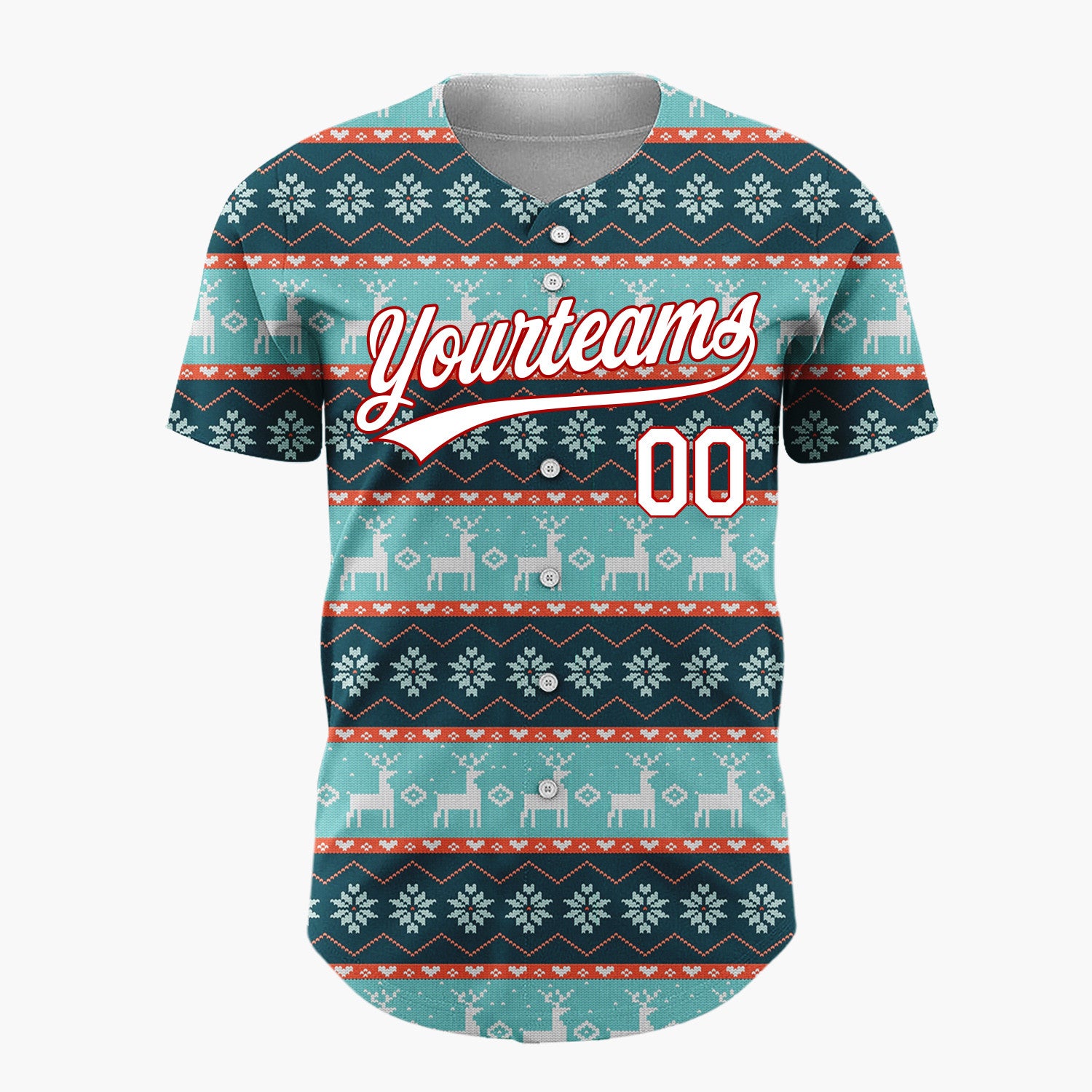 Custom Teal Red White Reindeer And Snowflakes Knitted Christmas Baseball Jersey