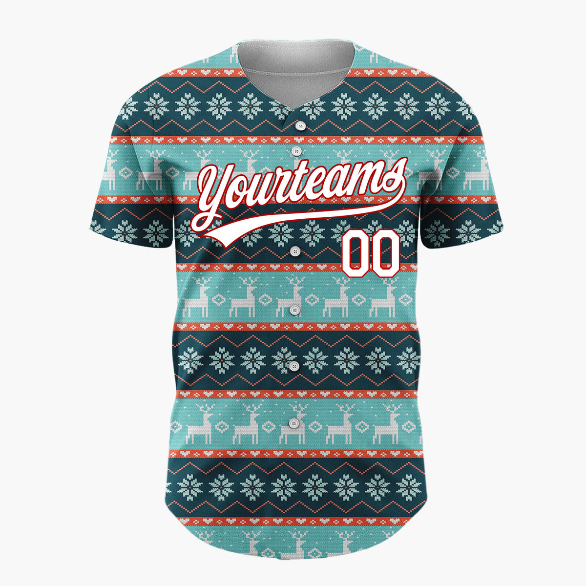 Custom Teal Red White Reindeer And Snowflakes Knitted Christmas Baseball Jersey