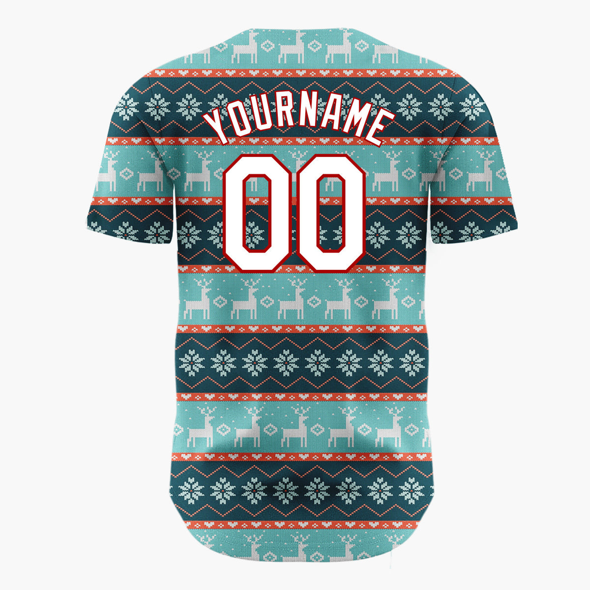 Custom Teal Red White Reindeer And Snowflakes Knitted Christmas Baseball Jersey